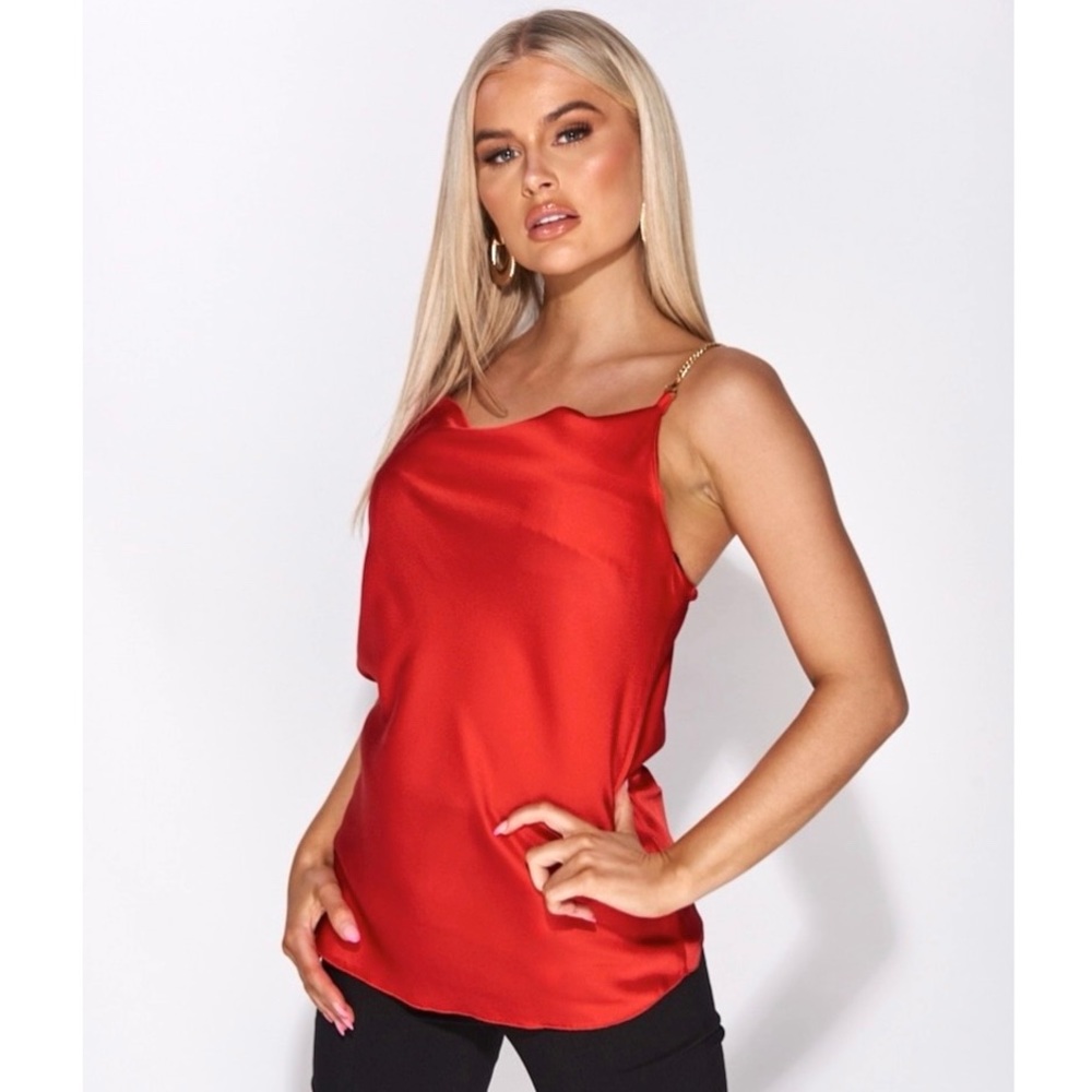 Red Satin Silk Sleeveless Chain Strap Cowl Neck Top Blouse - Picture 9 of 11